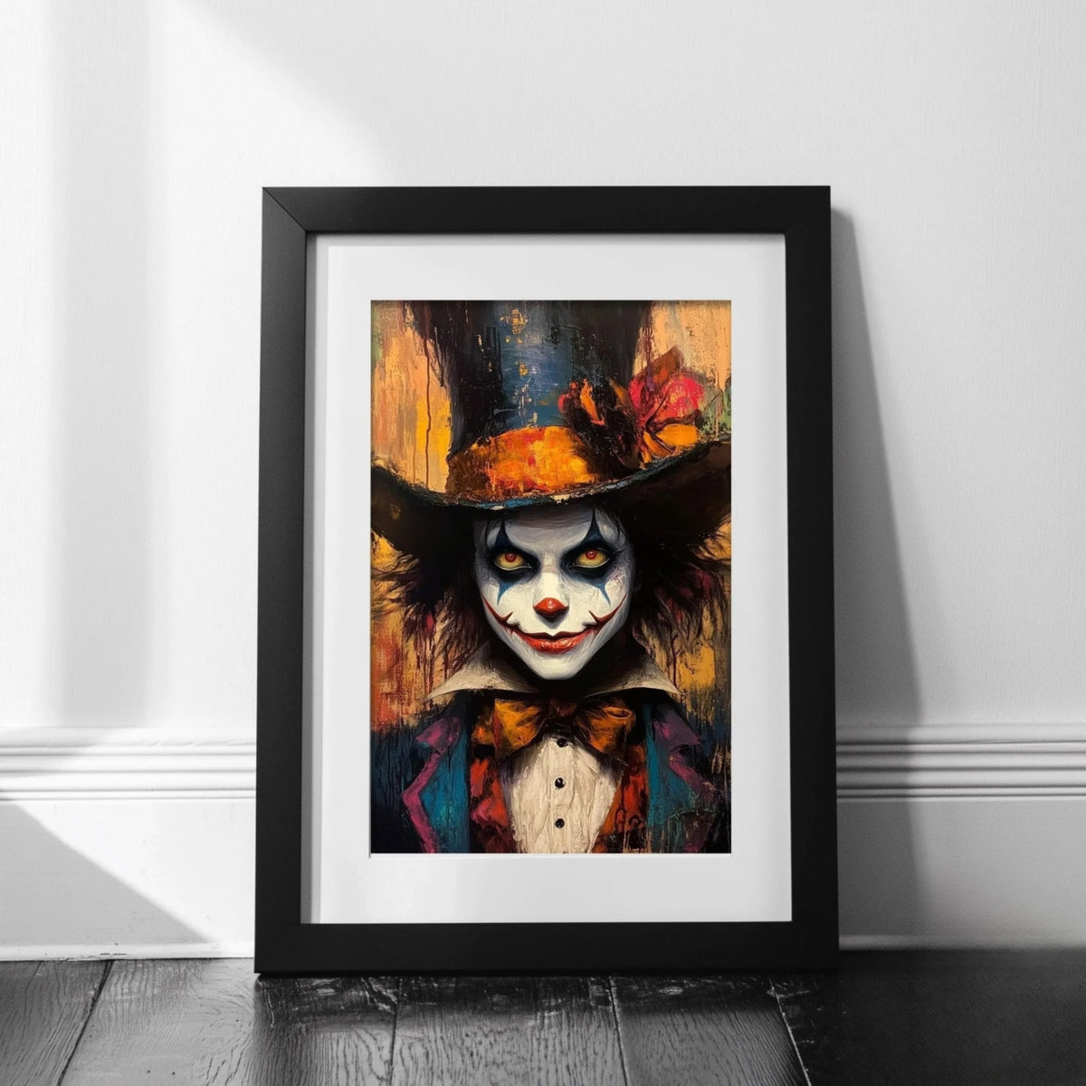 The image is a framed painting depicting a clown with a colorful and whimsical appearance, including a large hat, makeup, and a bow tie.