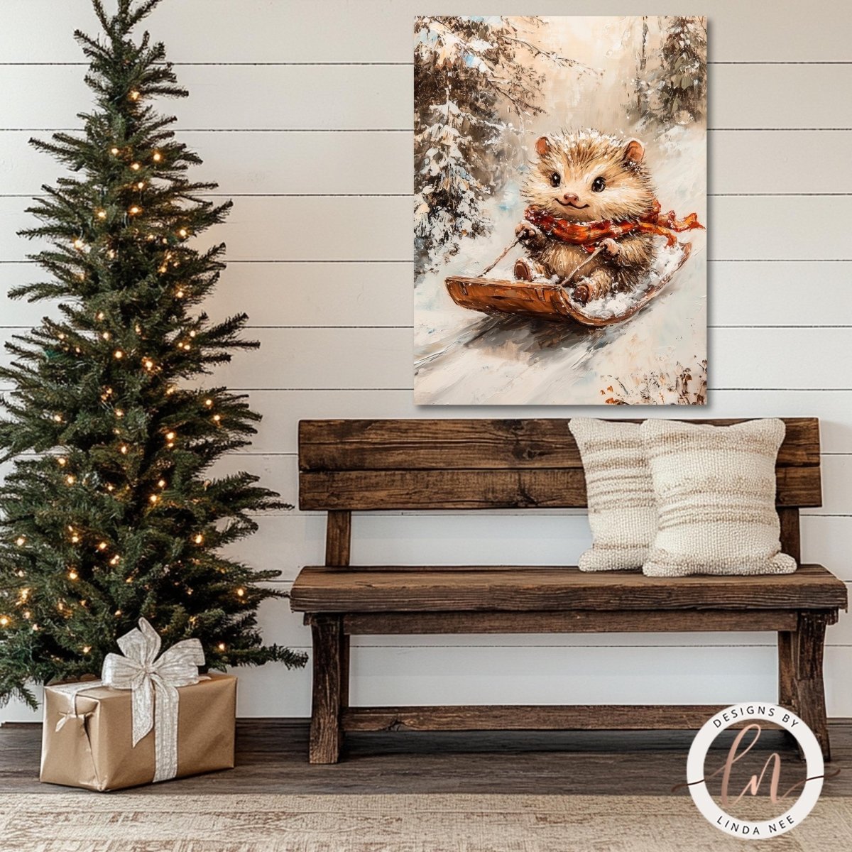 a cozy Christmas scene with a wooden bench, a decorated Christmas tree, and a painting of a hedgehog riding a sled.