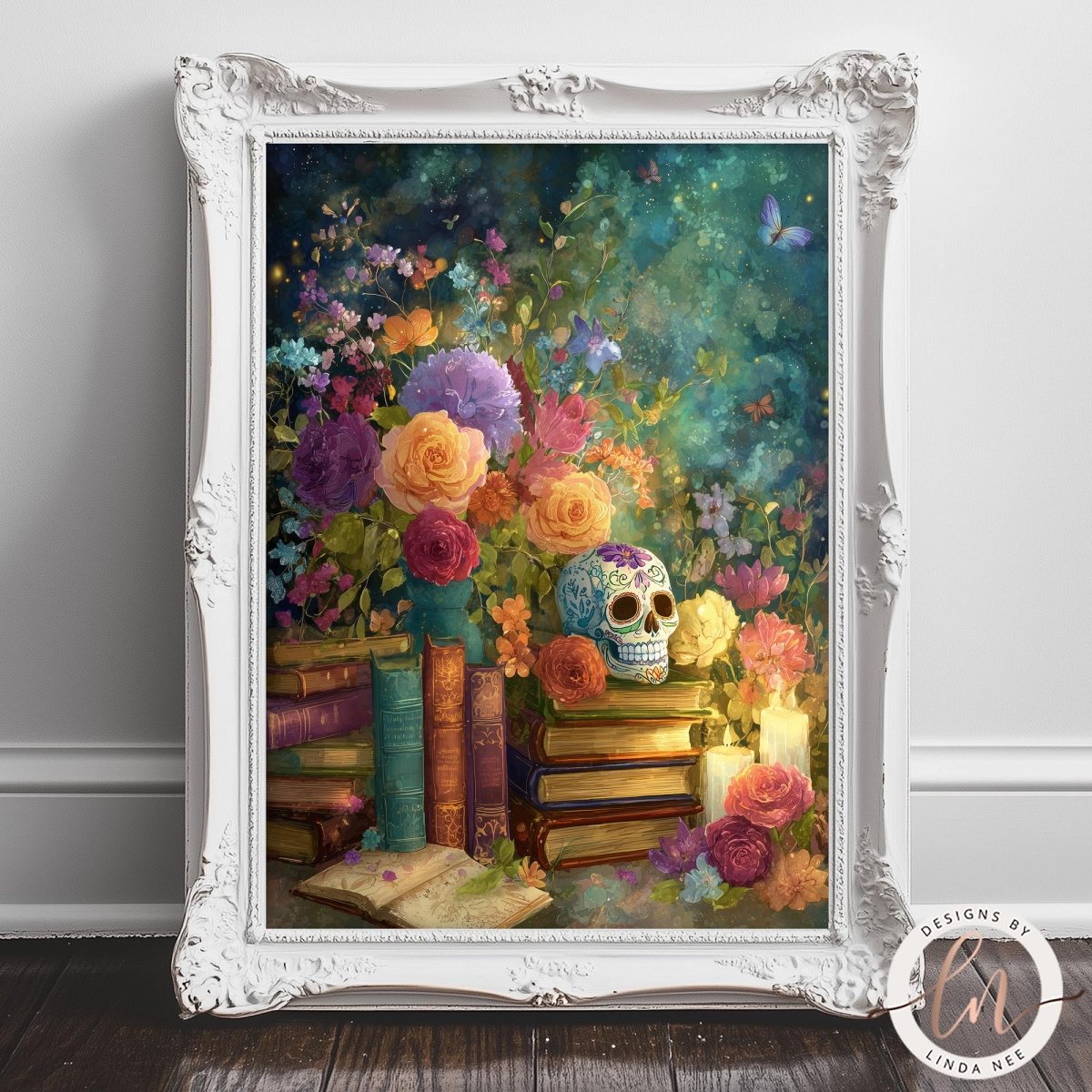 A framed painting depicting a colorful and vibrant scene with a skull, flowers, books, and candles.