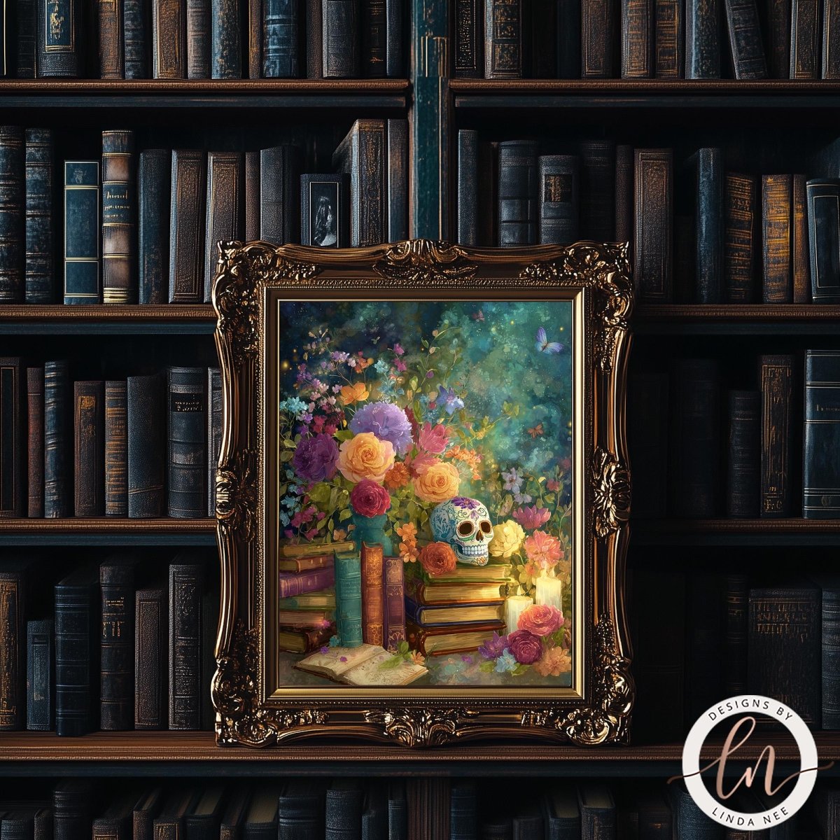 a framed painting of a skull surrounded by a vibrant floral arrangement, set against a backdrop of bookshelves filled with books.