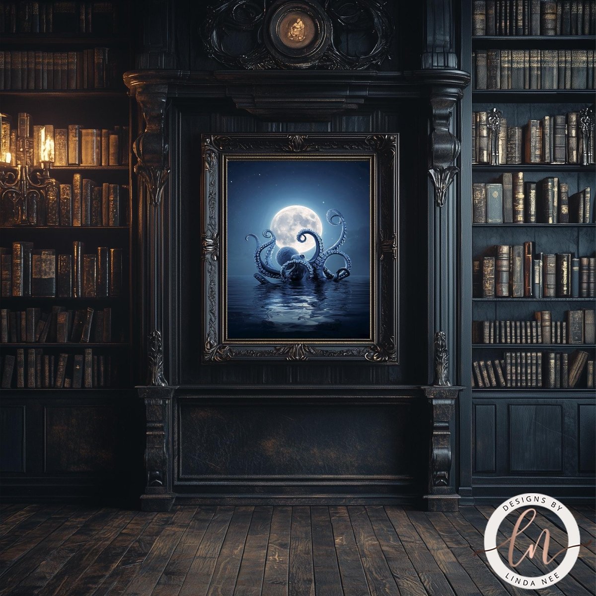 a dark, ornate room with a large bookshelf filled with books on the left side. The focal point is a framed painting of a large, ethereal creature resembling a squid or octopus, with a full moon in the background.