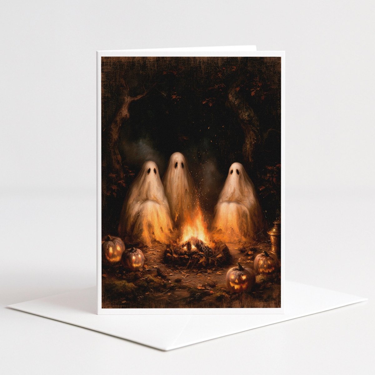 Three ghosts sitting around a campfire with jack-o'-lanterns in autumn woods, Halloween note card art