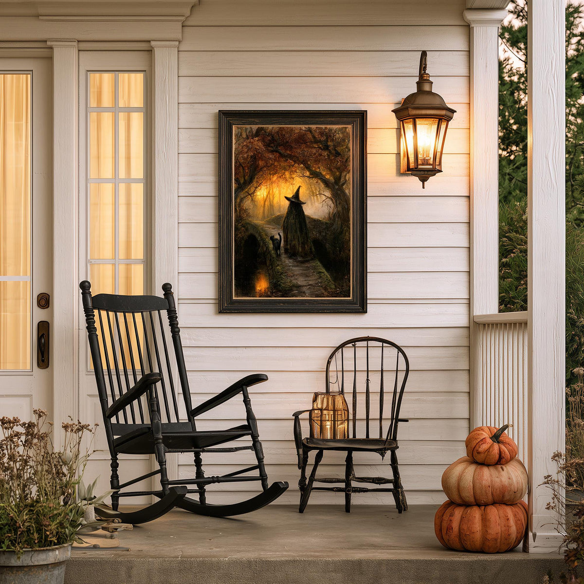 Farmhouse porch with stacked pumpkins, a rocking chair, and the black cat art print above
