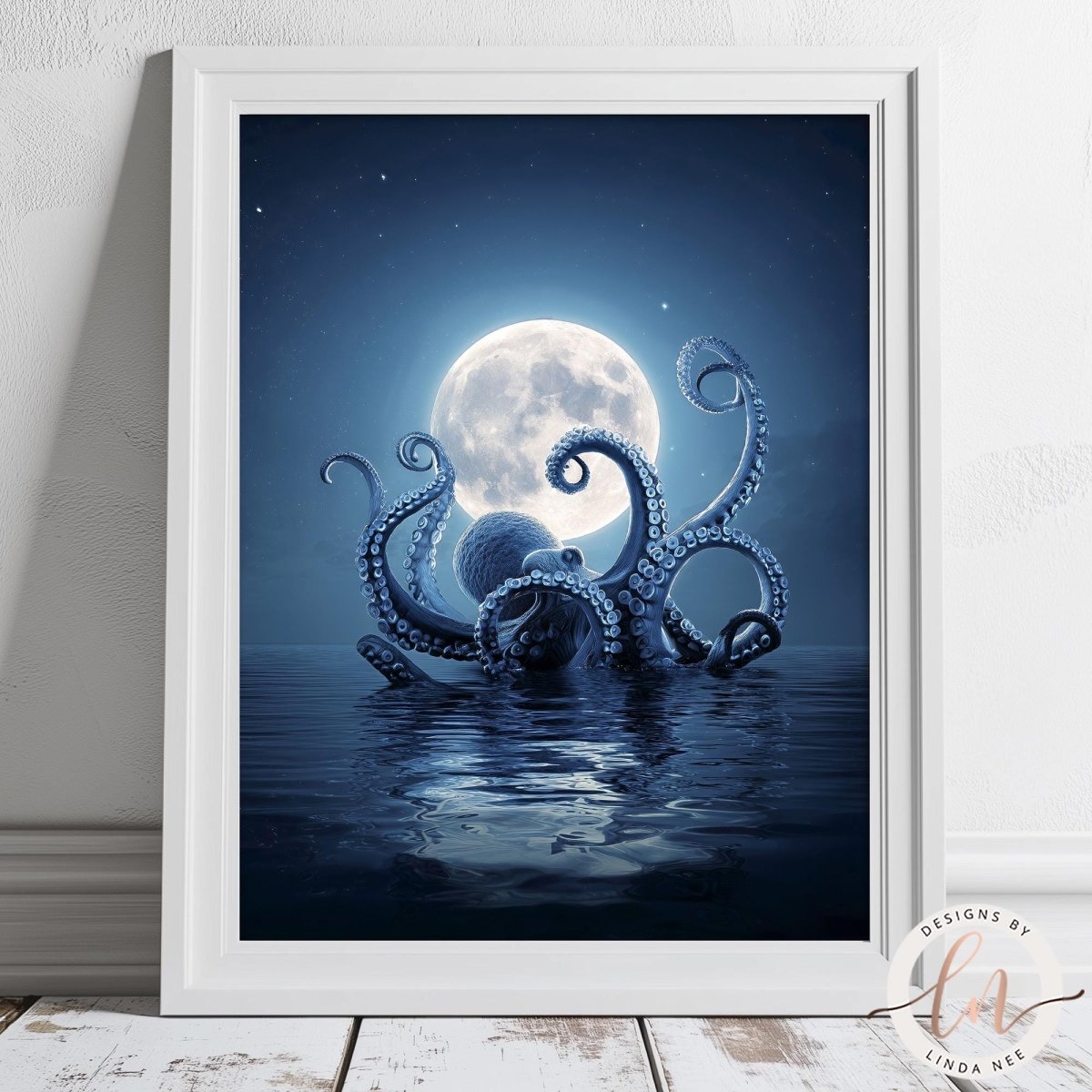 A framed image depicting an octopus with its tentacles spread out, floating on a body of water under a full moon.