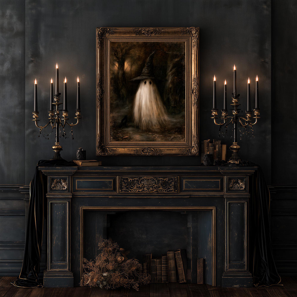 Dark wood-paneled room with a candelabra and the vintage Halloween ghost artwork
