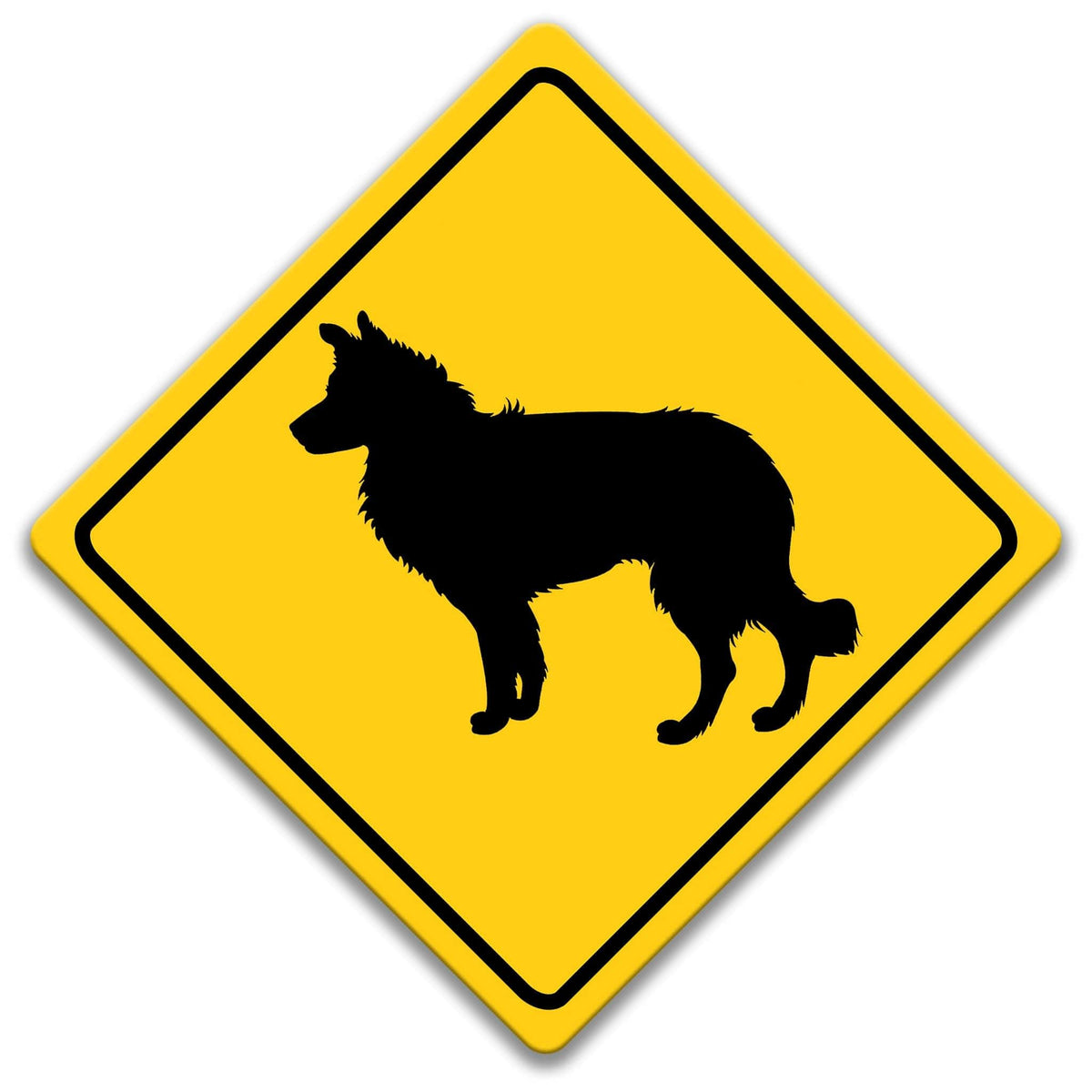 A yellow diamond-shaped road sign with a black silhouette of a dog in the center.