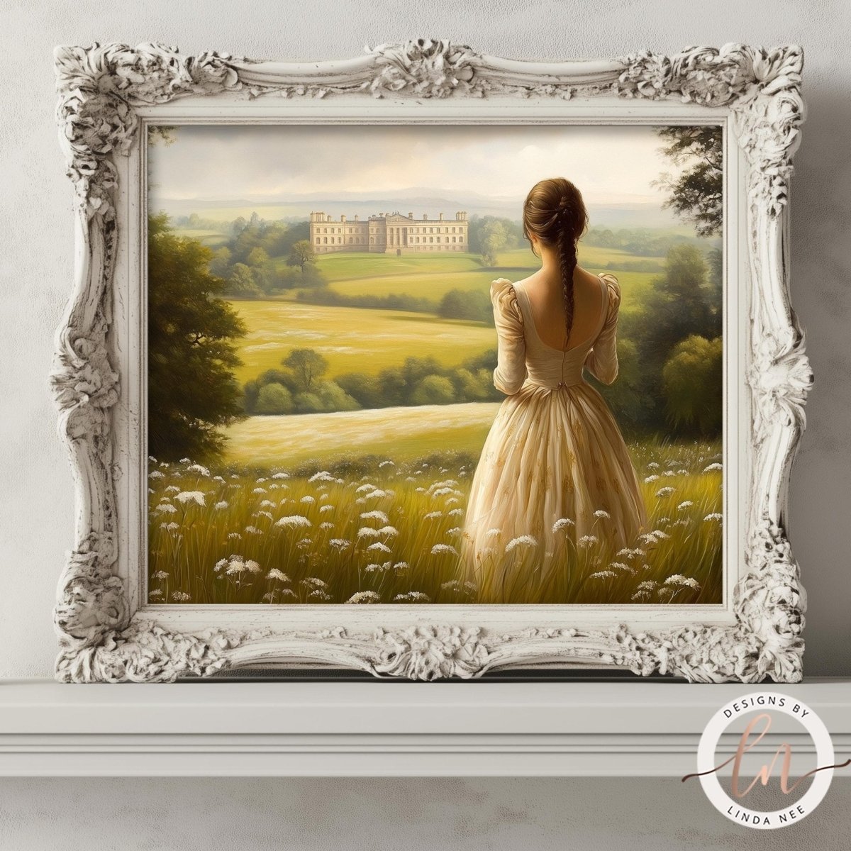 Woman standing among wildflowers with a manor visible in the distance