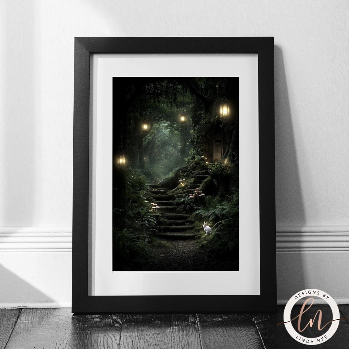 A framed image depicting a serene forest path with a set of stairs leading up to a hidden doorway, surrounded by lush greenery and illuminated by the soft glow of lanterns hanging from the trees.