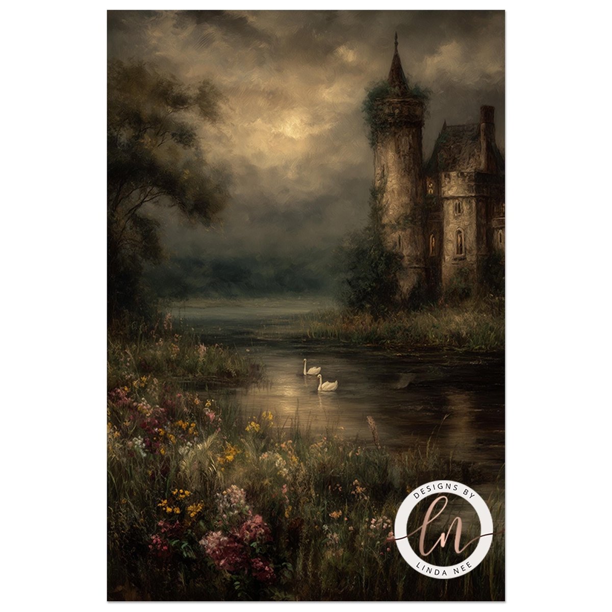 A serene landscape featuring a castle on a lake, surrounded by lush greenery and flowers, with two swans gracefully floating on the water.