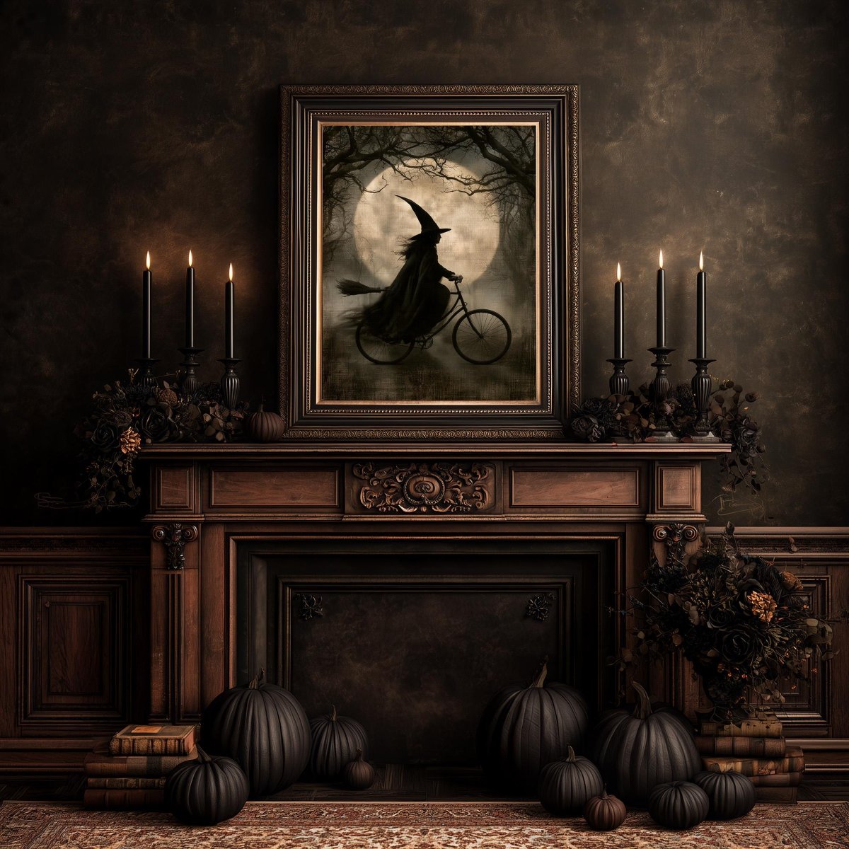 Witch on a bicycle in a dark forest under a full moon, gothic Halloween art