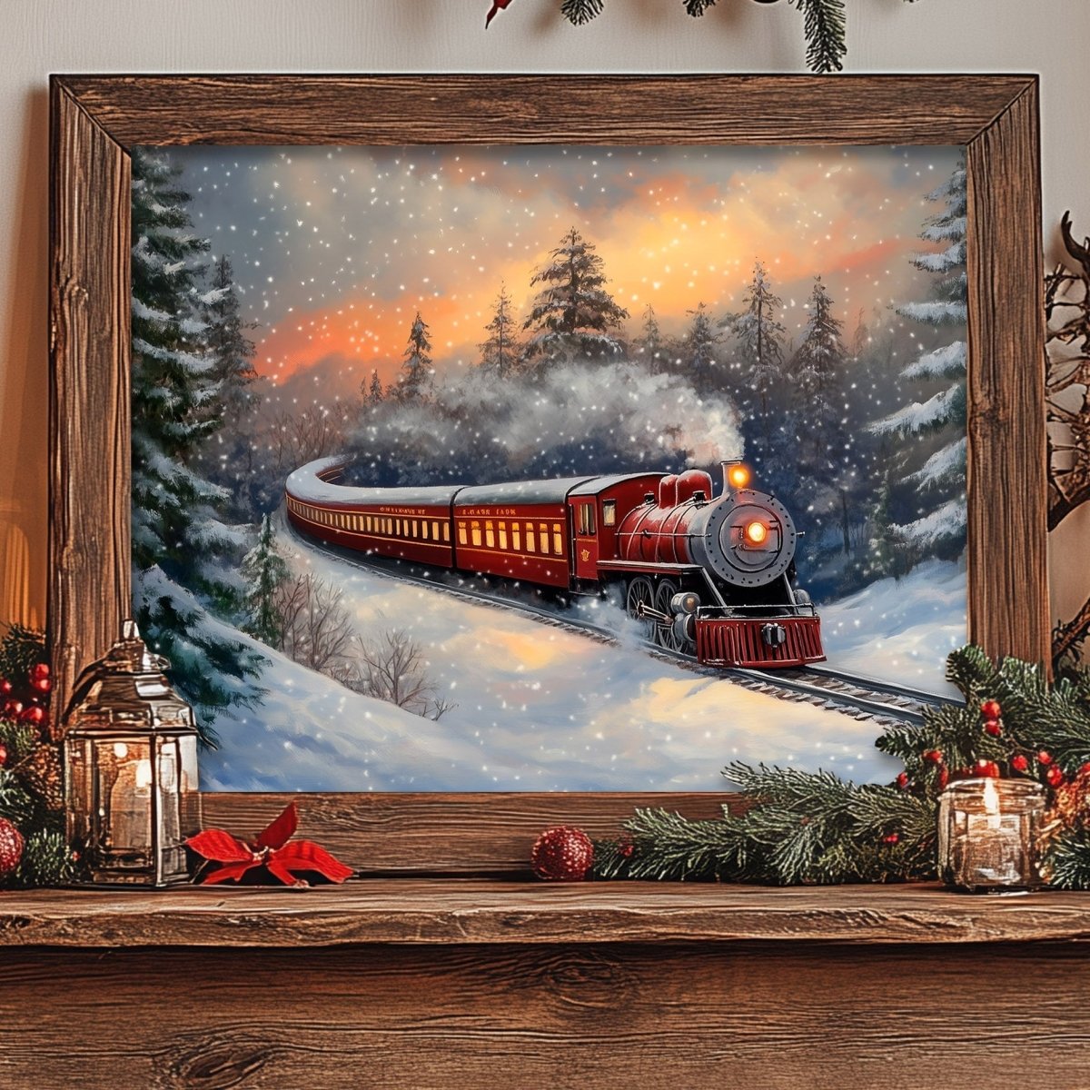 A red steam locomotive pulling passenger cars travels through a snowy forest landscape at sunset, with a warm glow illuminating the scene.