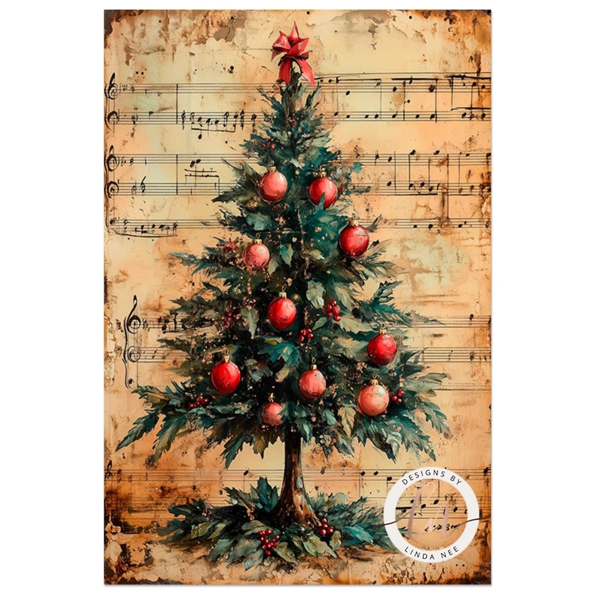 Red ornamented Christmas tree set against a backdrop of aged sheet music