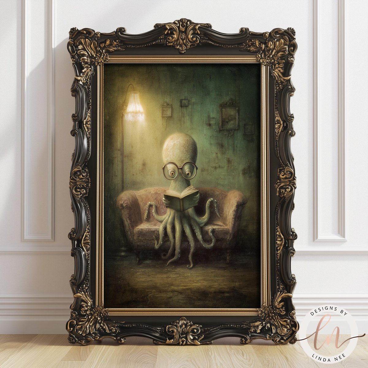 The image is a painting of an octopus sitting on a couch and reading a book.