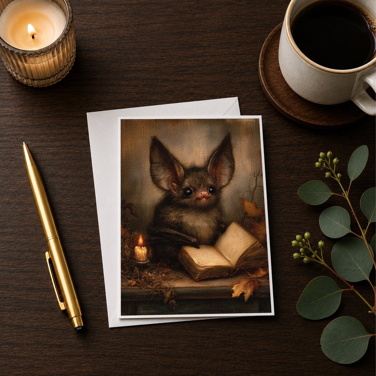 Bat reading Halloween note card styled with a candle, pen, and coffee cup on a wooden desk