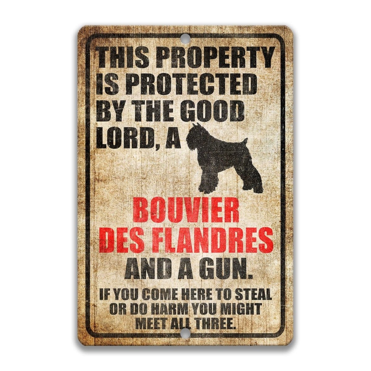 The image is a sign that reads "This property is protected by the good Lord, a Bouvier des Flandres and a gun. If you come here to steal or do harm, you might meet all three."