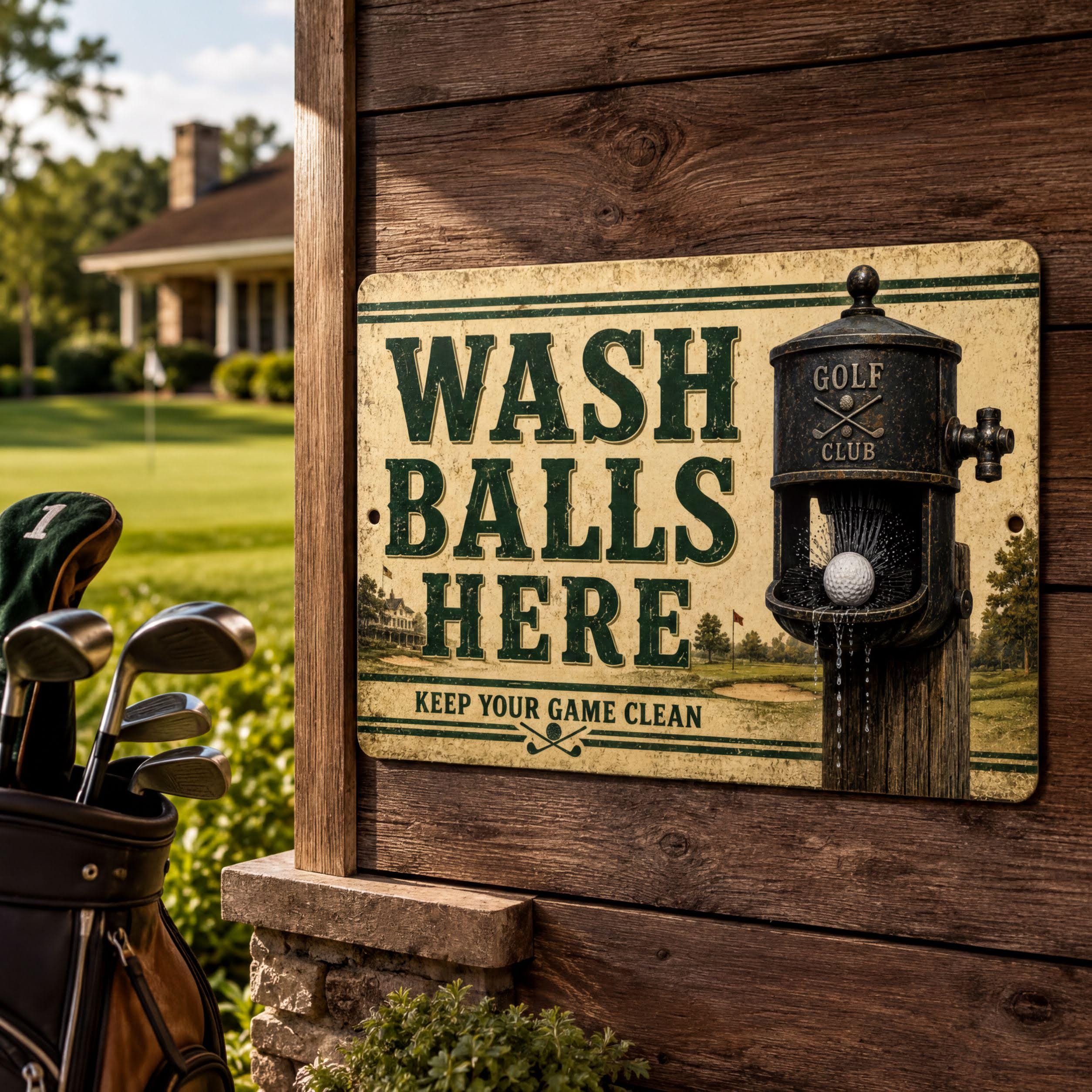 A sign on a wooden wall that says "WASH BALLS HERE" and "KEEP YOUR GAME CLEAN", with a golf ball machine depicted on the sign.