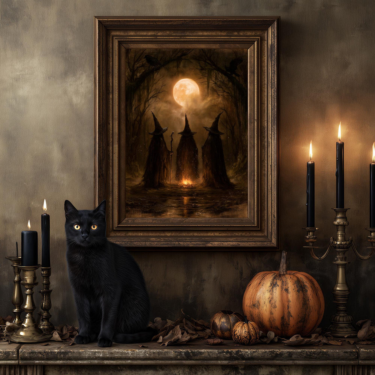 Black cat on a mantel below the gothic coven print, framed by candles and pumpkins