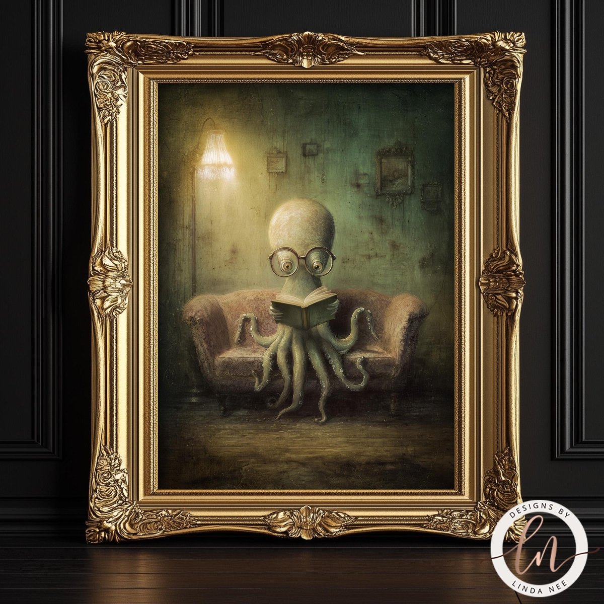 The image is a painting of an octopus sitting on a couch and reading a book.