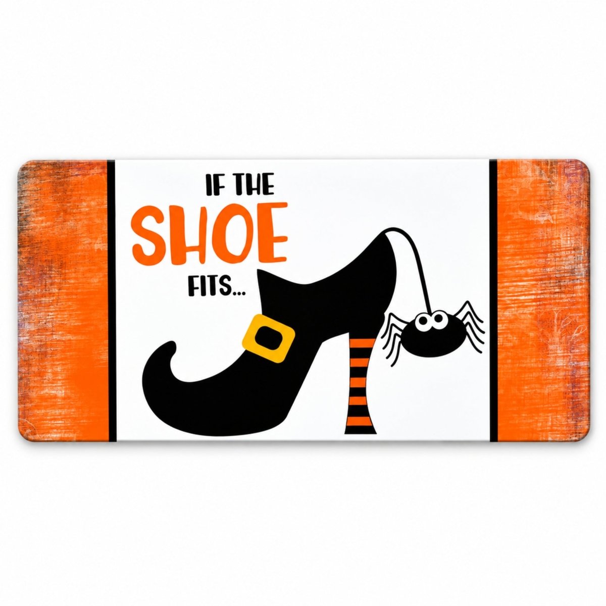 Witch Shoe and Spider 6x12 metal wreath sign with a buckled black and orange witch shoe