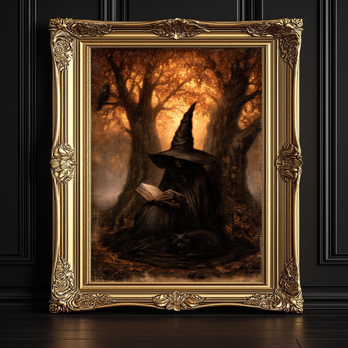 Witch holding an open book beneath trees turning orange overhead