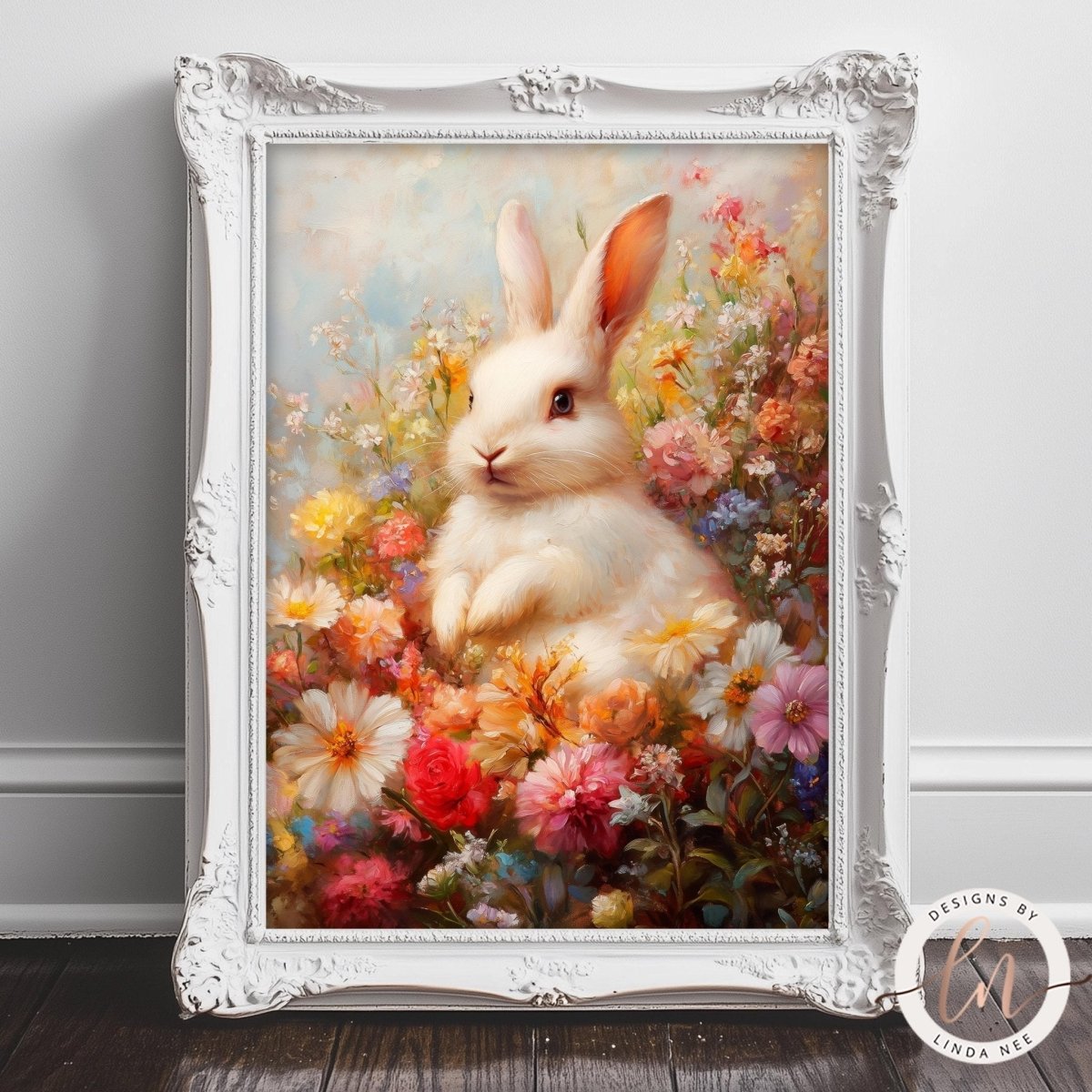 A white rabbit sits amidst a vibrant field of flowers, with a white frame surrounding the artwork.
