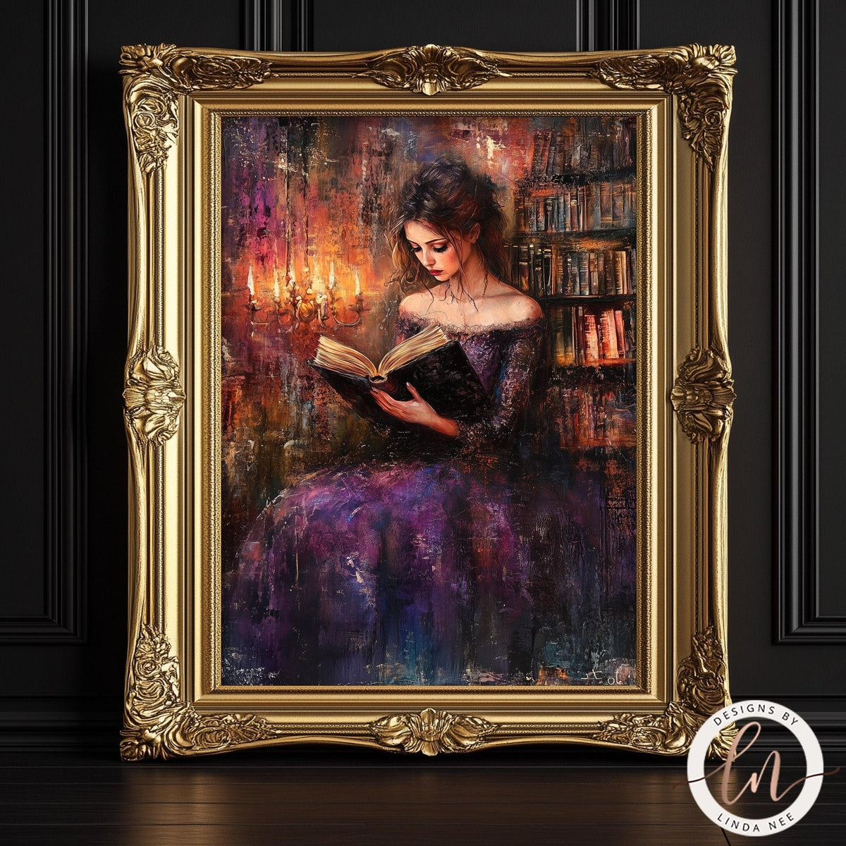 A woman in a purple dress is sitting in a library, reading a book.