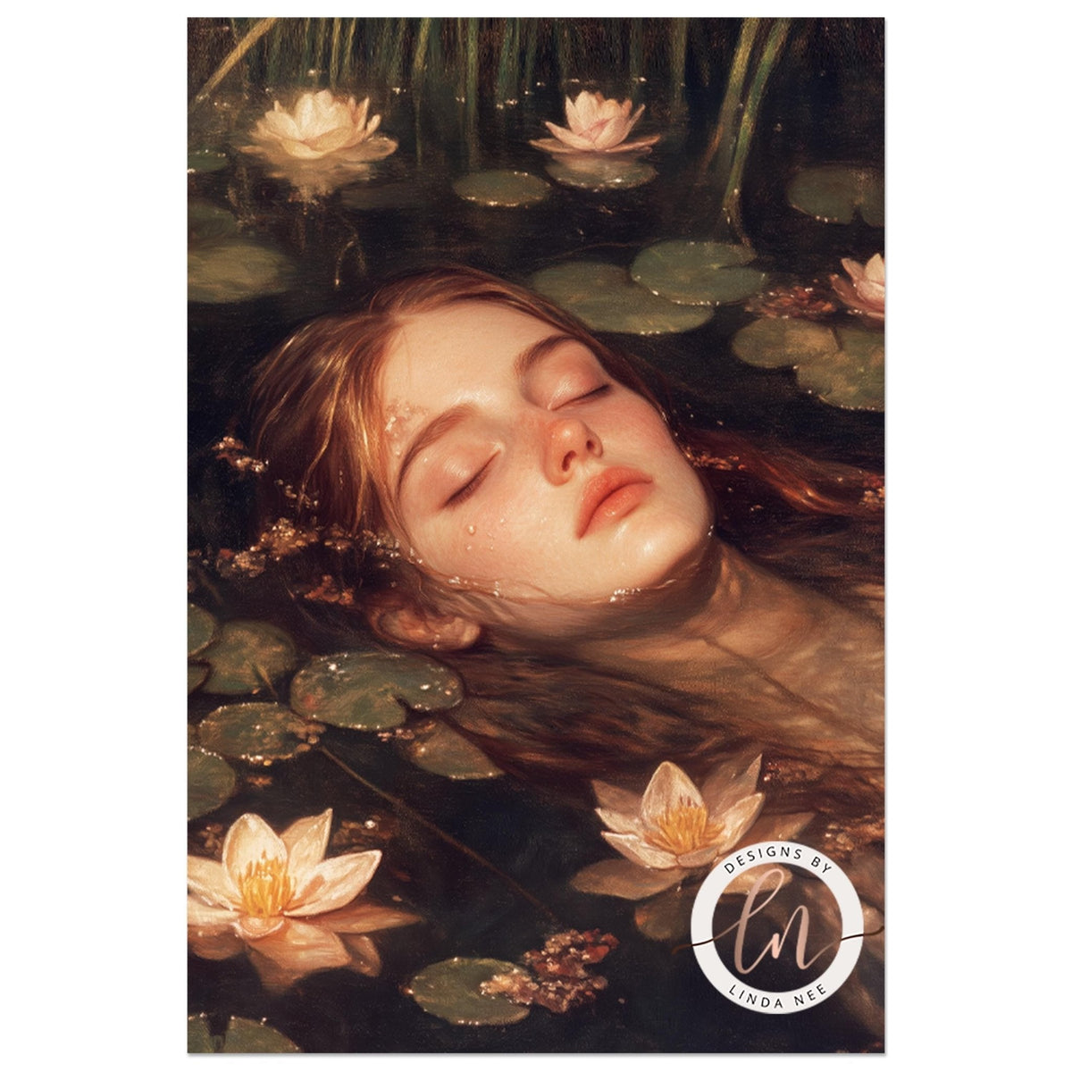 A painting depicting a woman's face submerged in water, surrounded by lily pads and flowers.