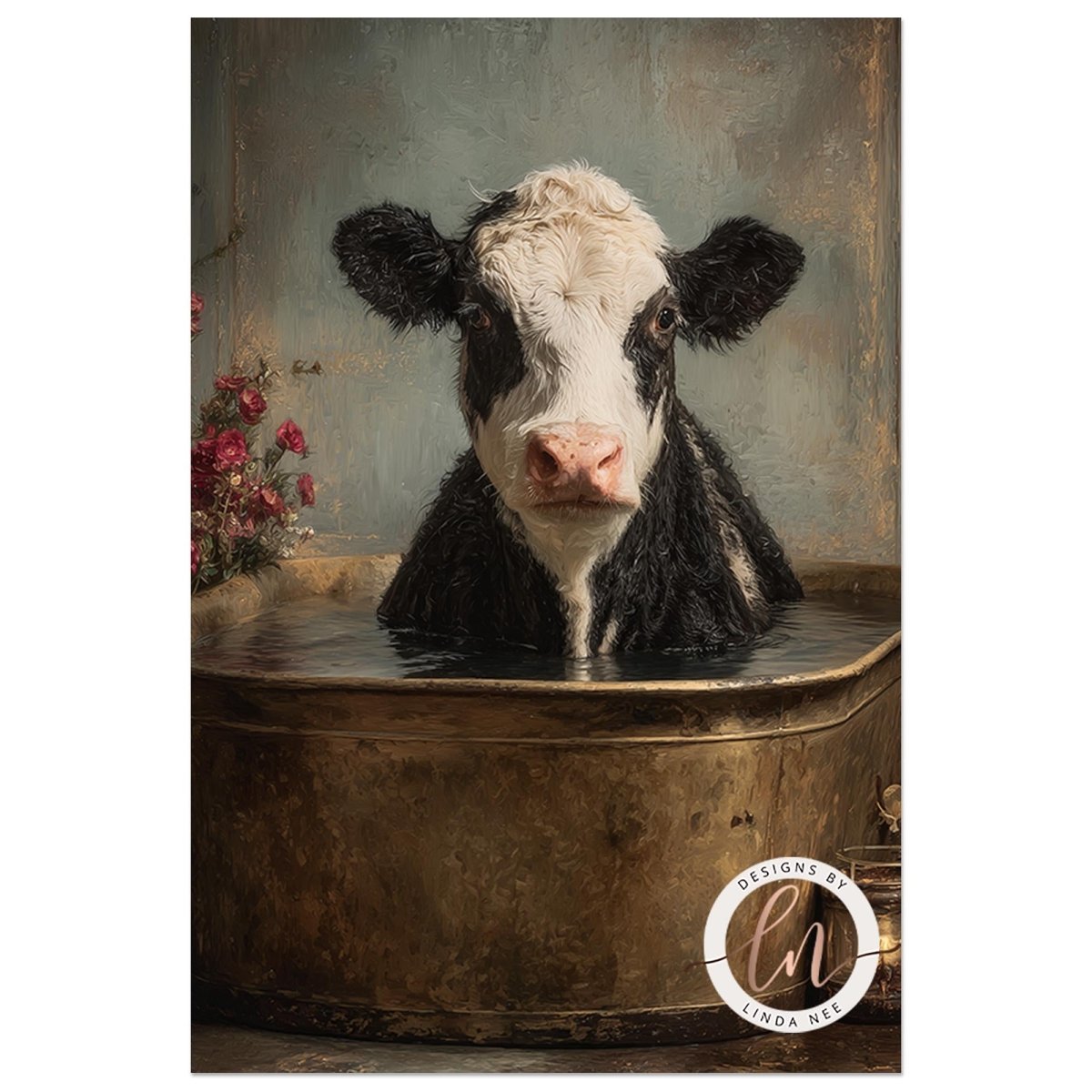 A black and white cow is sitting in a metal tub filled with water, surrounded by flowers.
