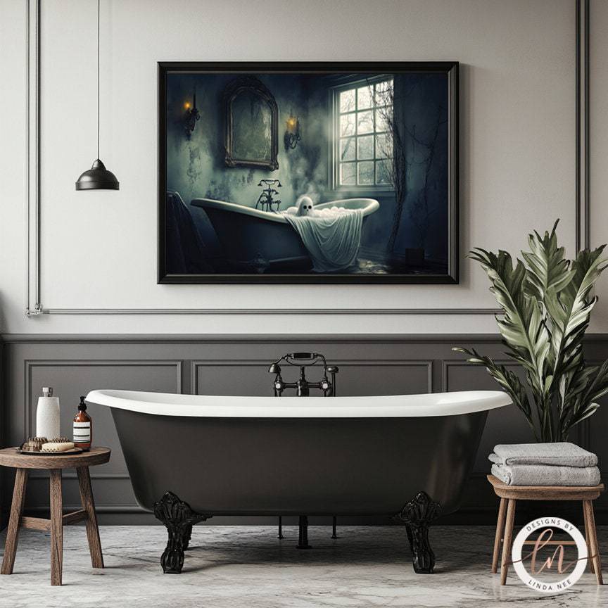 Ghost in a clawfoot tub print shown in a luxurious bathroom setting