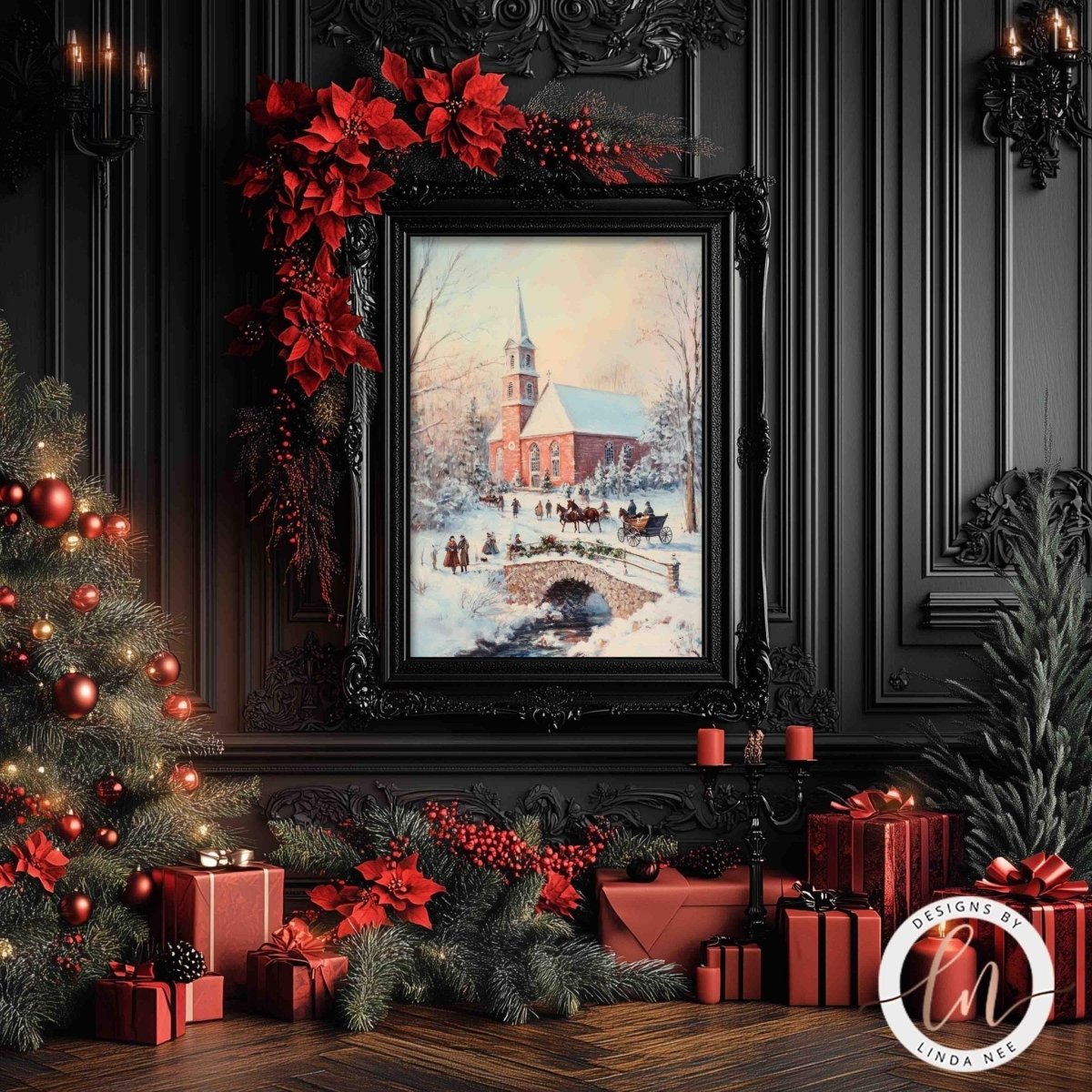 Church wall art displayed on a dark wall with poinsettias and presents