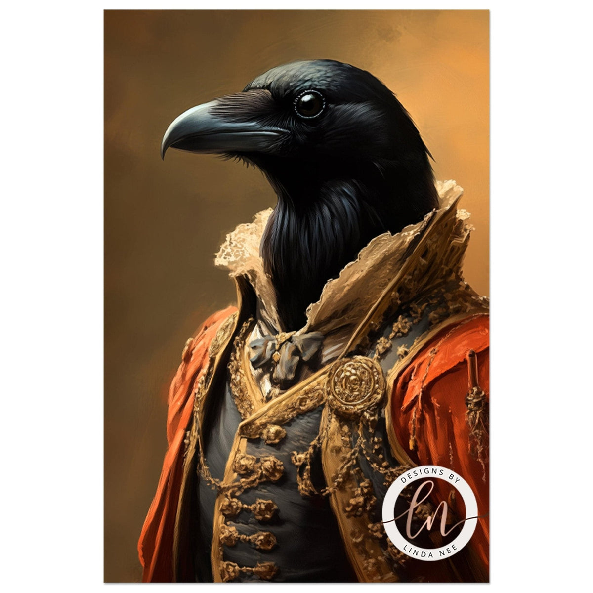 A digital illustration of a black crow wearing an ornate, golden-colored outfit with a high collar and a large, round emblem on the chest.
