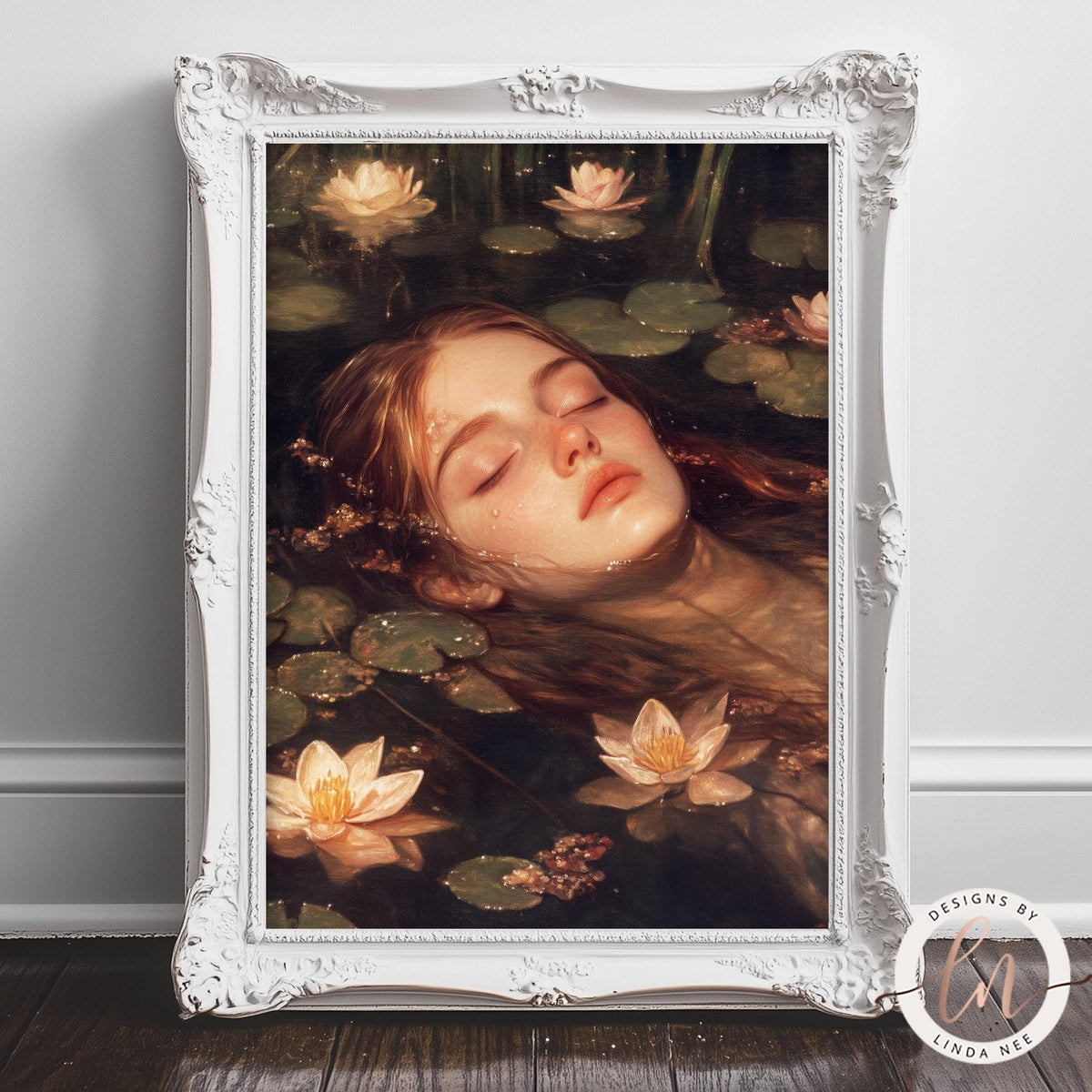 A framed painting depicting a woman's face with closed eyes and long hair floating in a pond filled with lily pads and water lilies.