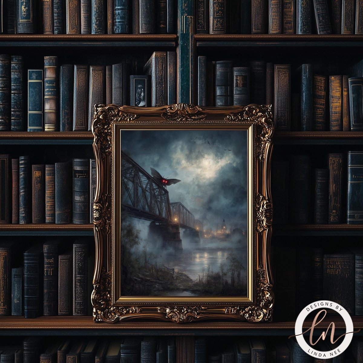 a painting of a bridge with a bird flying over it, set against a misty, atmospheric background. The painting is framed in an ornate gold frame and is displayed on a bookshelf filled with books.