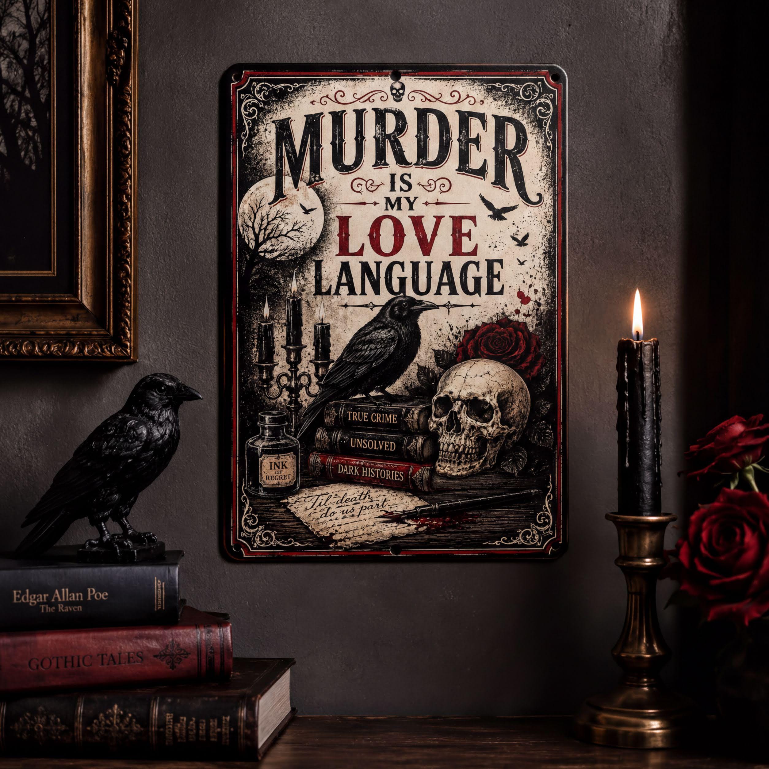 a dark and gothic-themed scene with a skull, a candle, a bird, and a stack of books. The text on the sign reads "MURDER IS MY LOVE LANGUAGE"