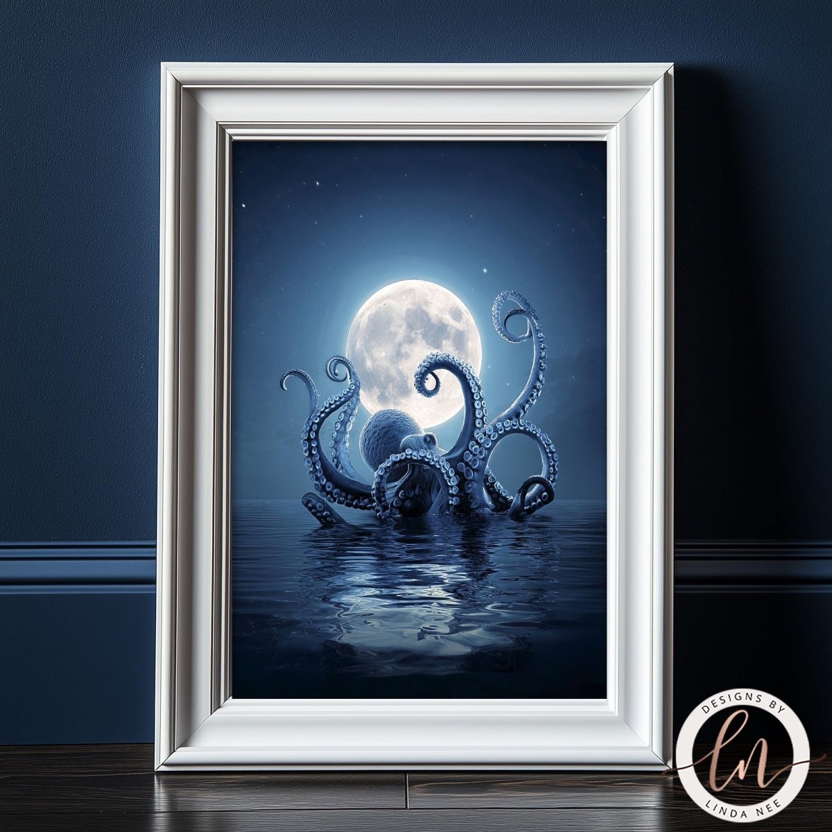 A framed image depicting a large, ethereal octopus with tentacles reaching towards a full moon in a dark, reflective body of water.