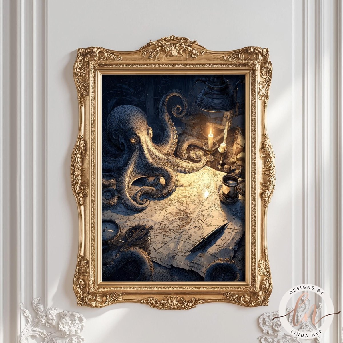 an octopus with tentacles spread out, surrounded by various objects such as a map, a candle, and a lamp. The octopus is positioned in the center of the frame, with the map and other objects surrounding it. The overall scene appears to be a painting or artwork displayed in an ornate gold frame on a white wall.