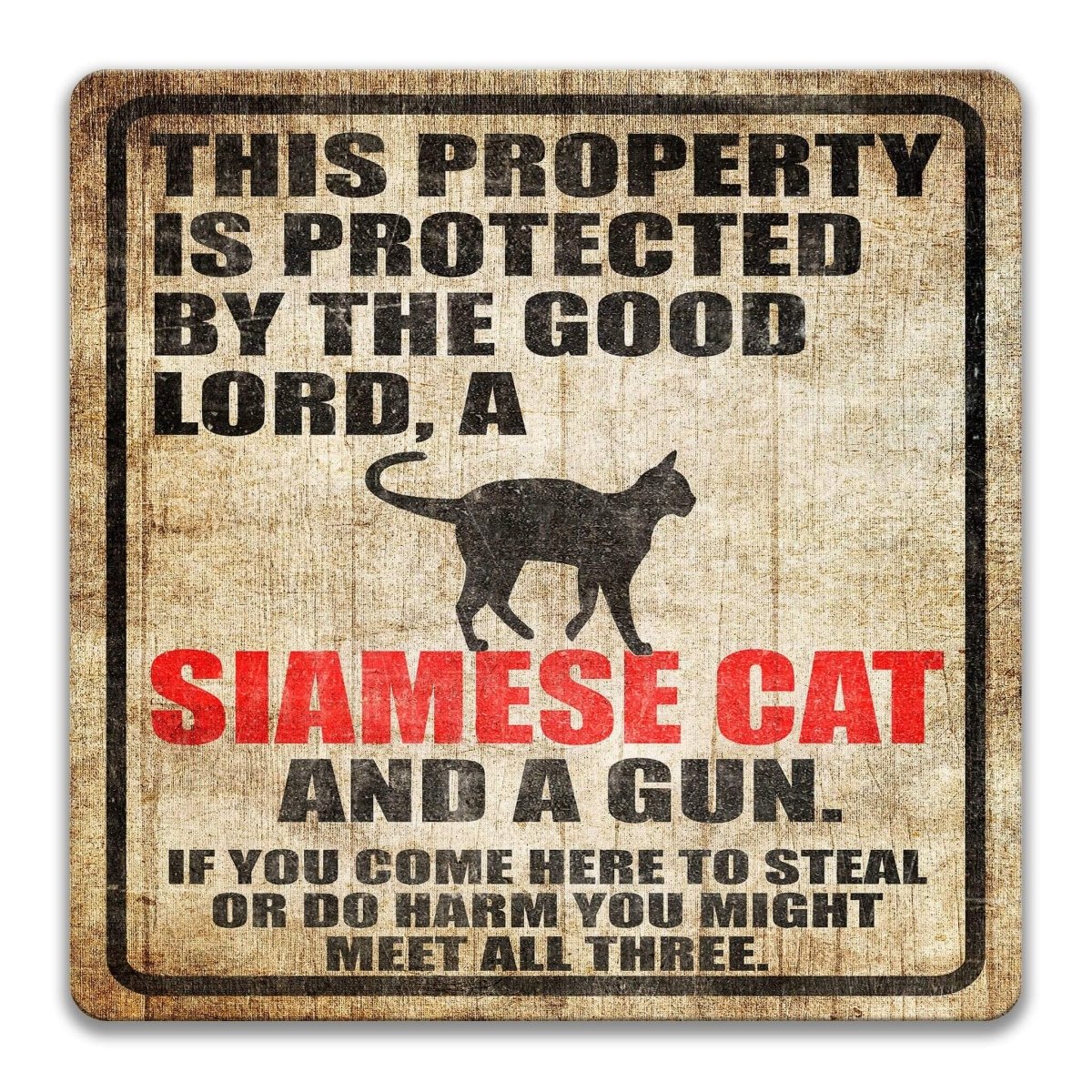 The image is a sign that reads "This property is protected by the good Lord, a Siamese cat and a gun. If you come here to steal or do harm, you might meet all three."