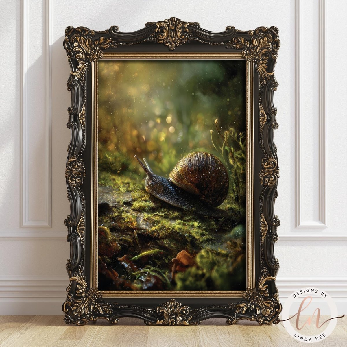 A snail with a brown shell is resting on a mossy rock in a lush, green environment.
