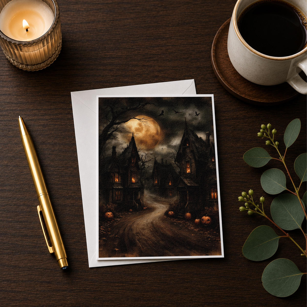 Haunted village note card styled on a wooden desk with a candle, a pen and a coffee cup