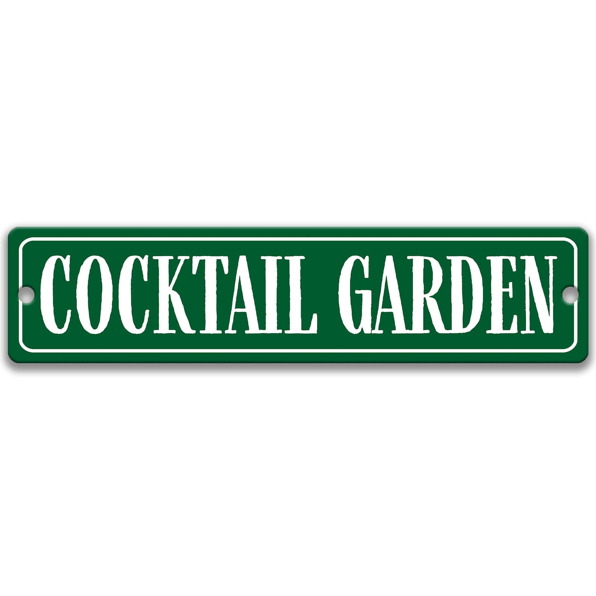 A green street sign that says "Cocktail Garden".