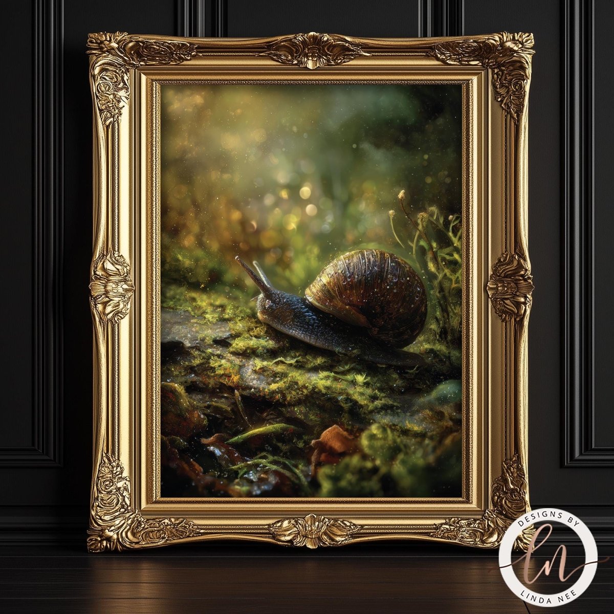 A snail rests on a mossy rock in a lush, green forest, framed in an ornate gold frame.