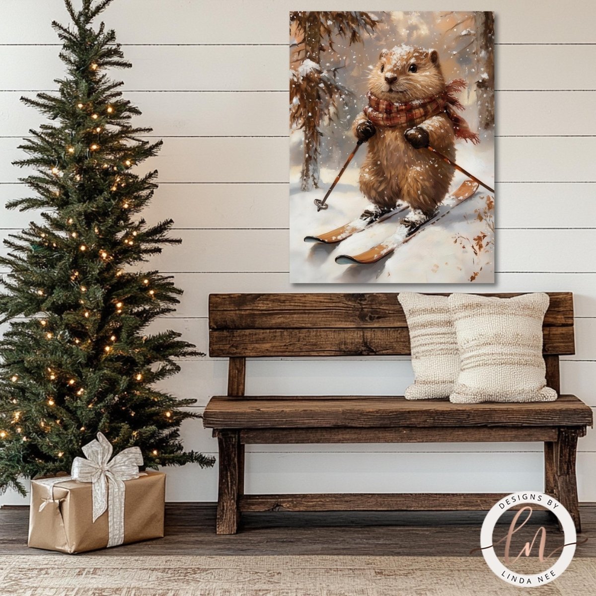 a cozy Christmas scene with a wooden bench, a decorated Christmas tree, and a framed painting of a beaver skiing on skis.