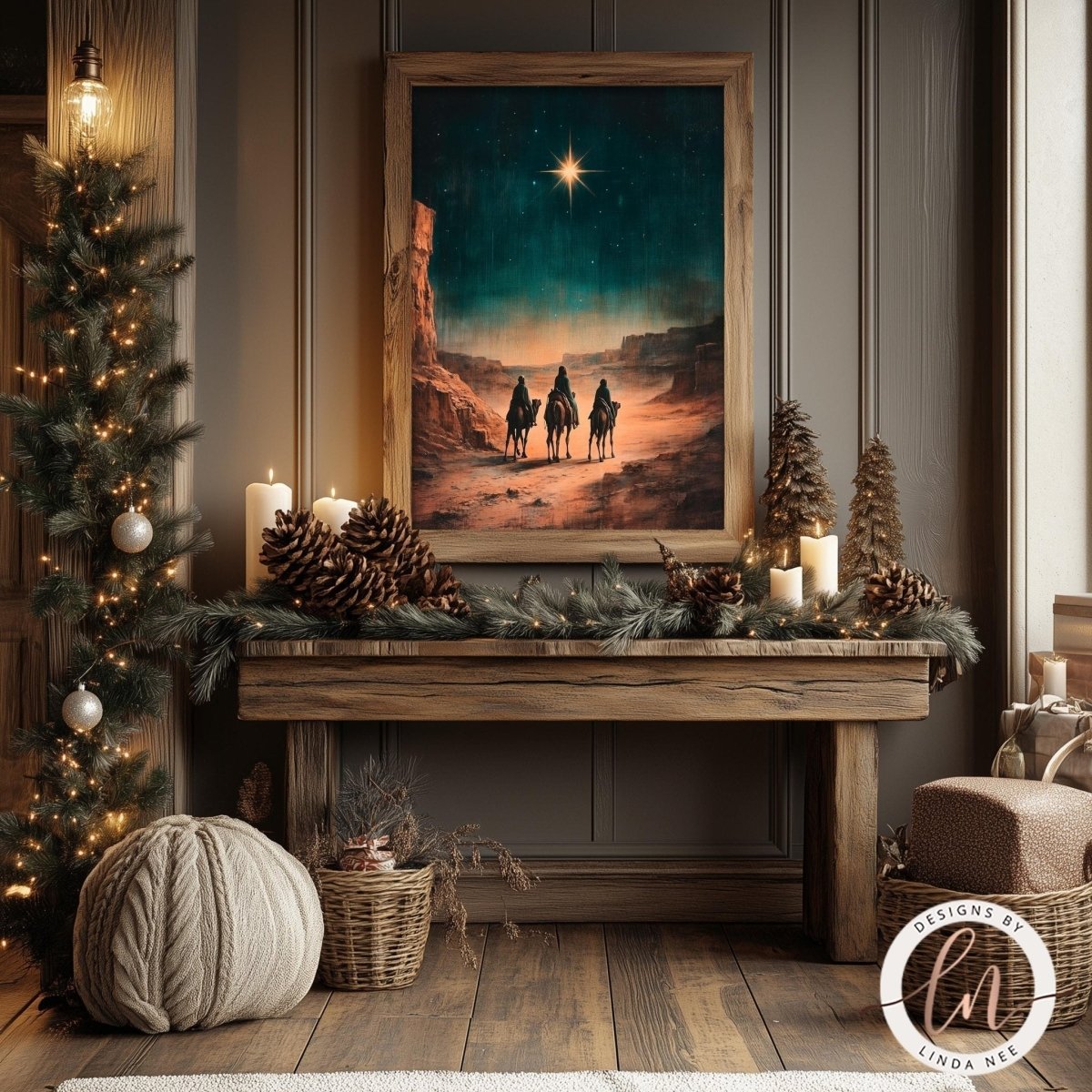Nativity print styled on a table with pine cones, greenery and candles