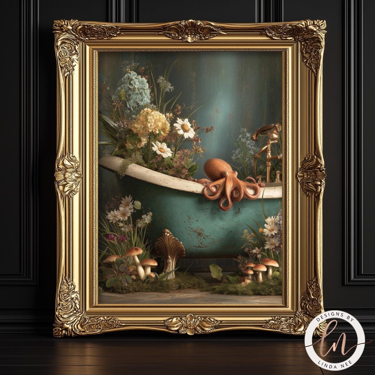 an ornate gold frame containing a painting of a bathtub filled with flowers and mushrooms, with an orange octopus resting on the edge of the tub.