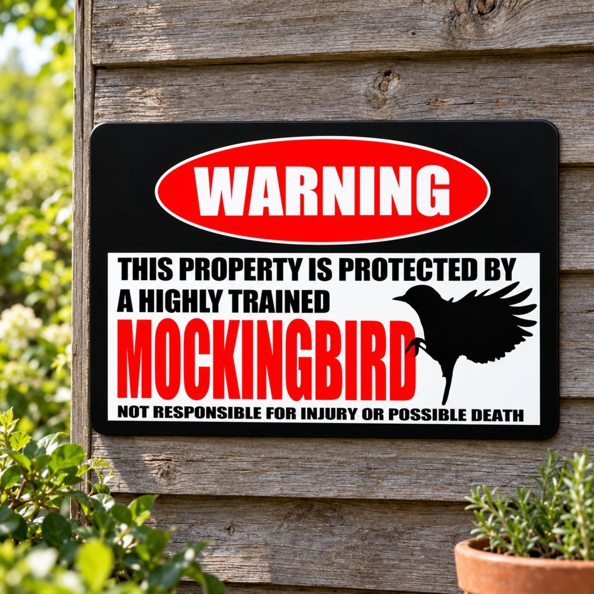 Highly trained mockingbird metal warning sign with the line not responsible for injury or possible death