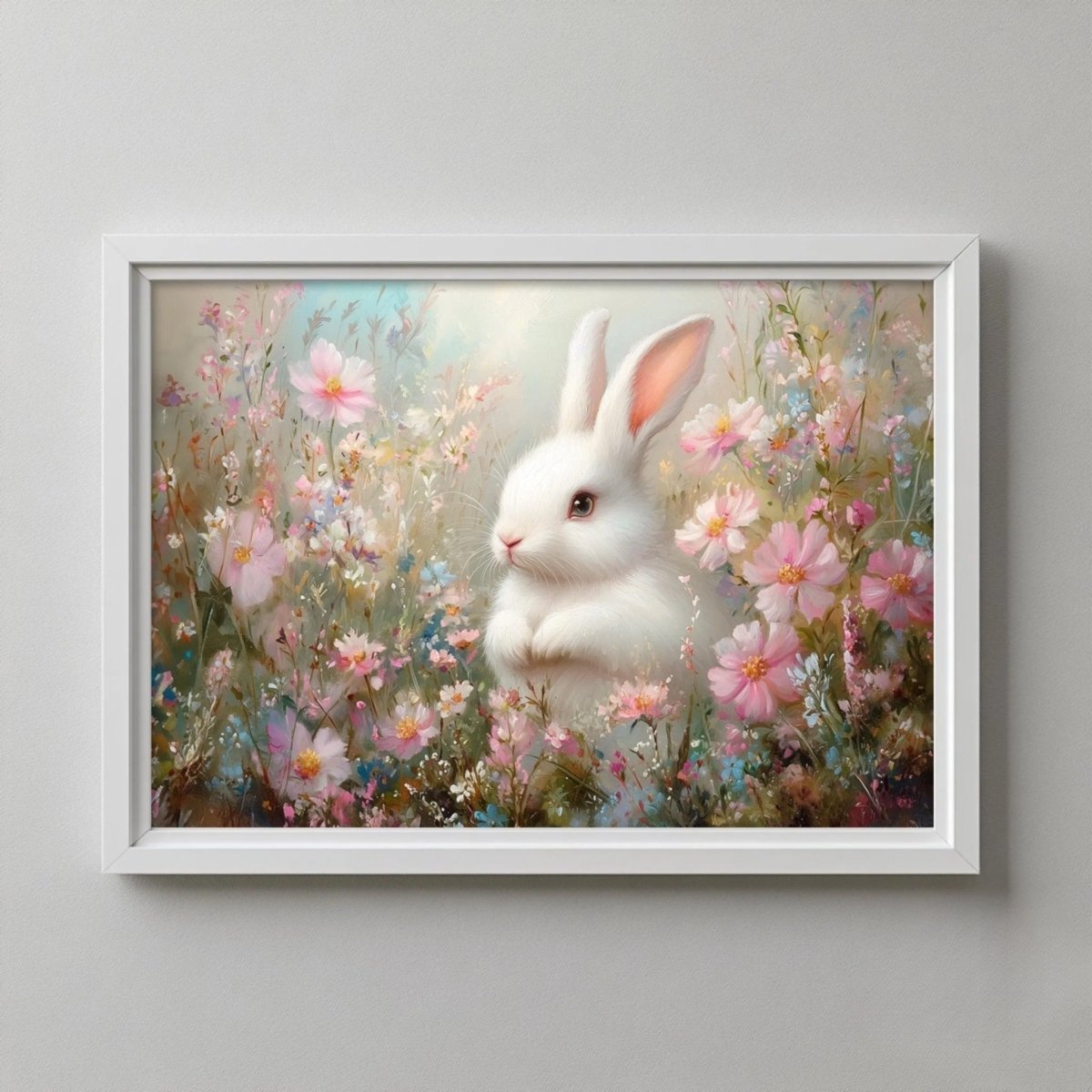 A white rabbit sits amidst a field of pink and white flowers, surrounded by a lush, colorful landscape.