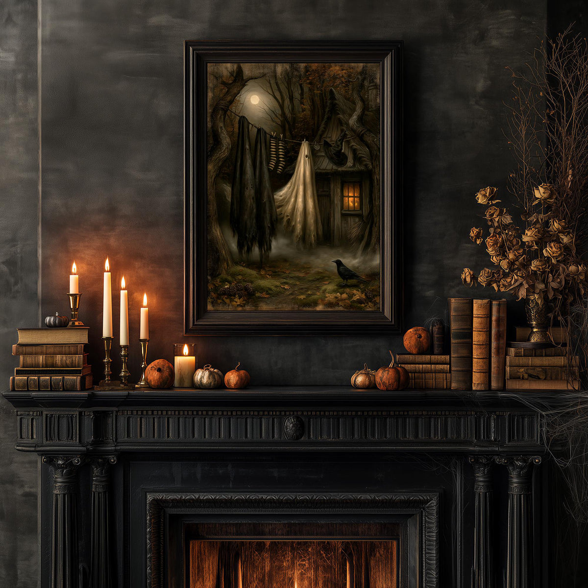 Dimly lit room with a fireplace, candles, pumpkins, books, and the witch cottage print