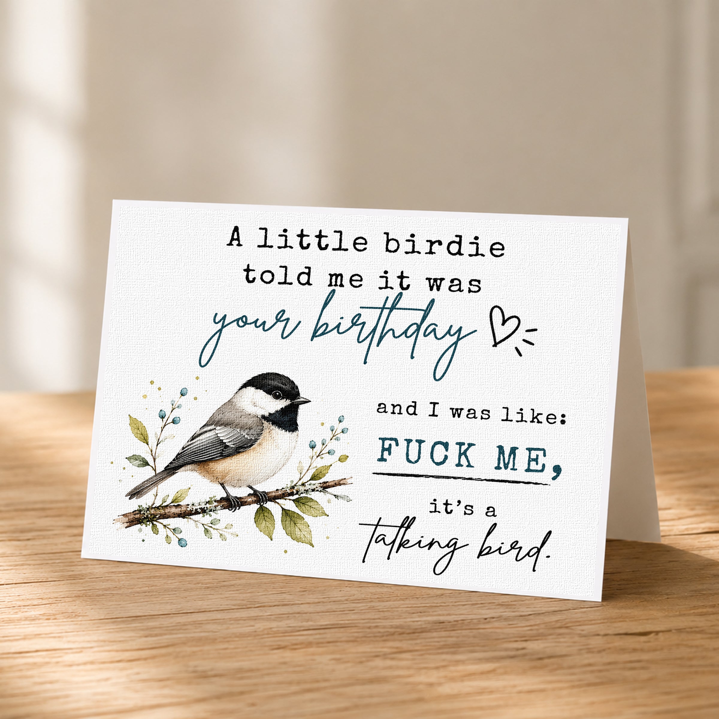 A birthday card with a bird illustration and a humorous message.