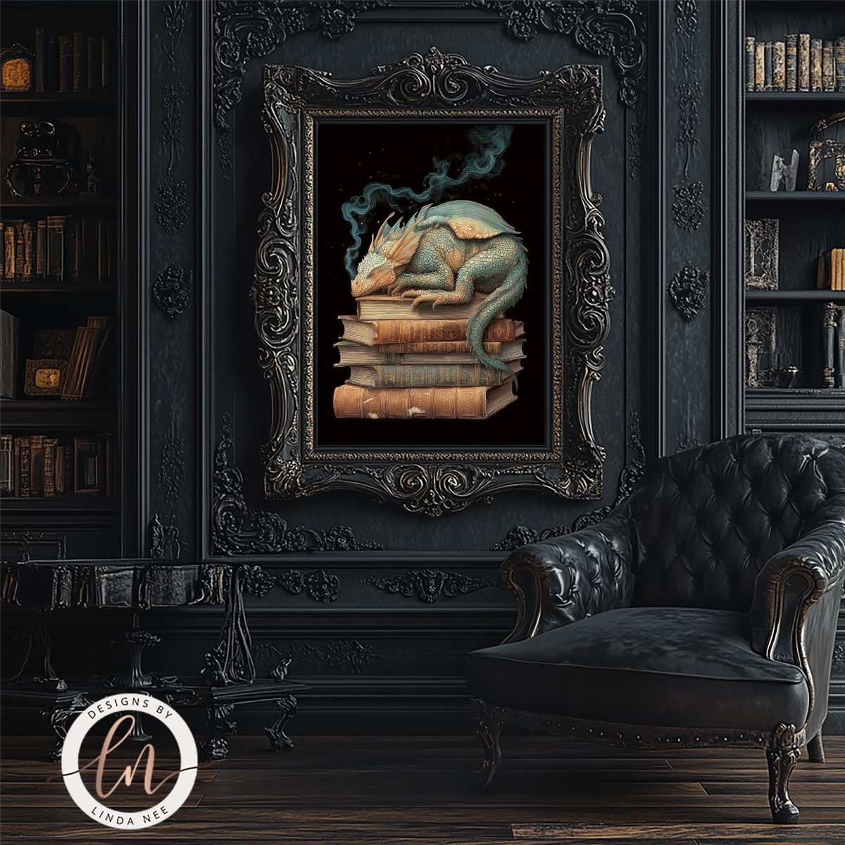 a dark, ornate room with a large, intricately designed frame containing a painting of a sleeping dragon. The room also includes a black leather armchair and a bookshelf filled with books.