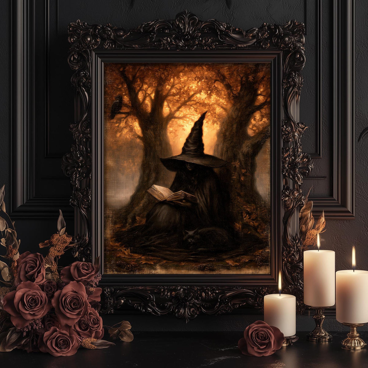 Reading witch artwork shown framed for display among candles and dark roses